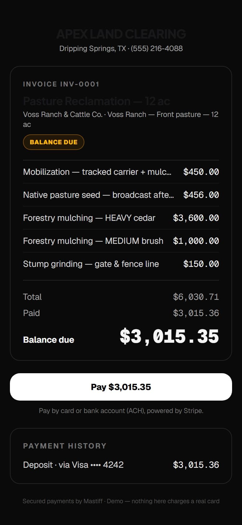 Deposit paid — the Mastiff mobile app