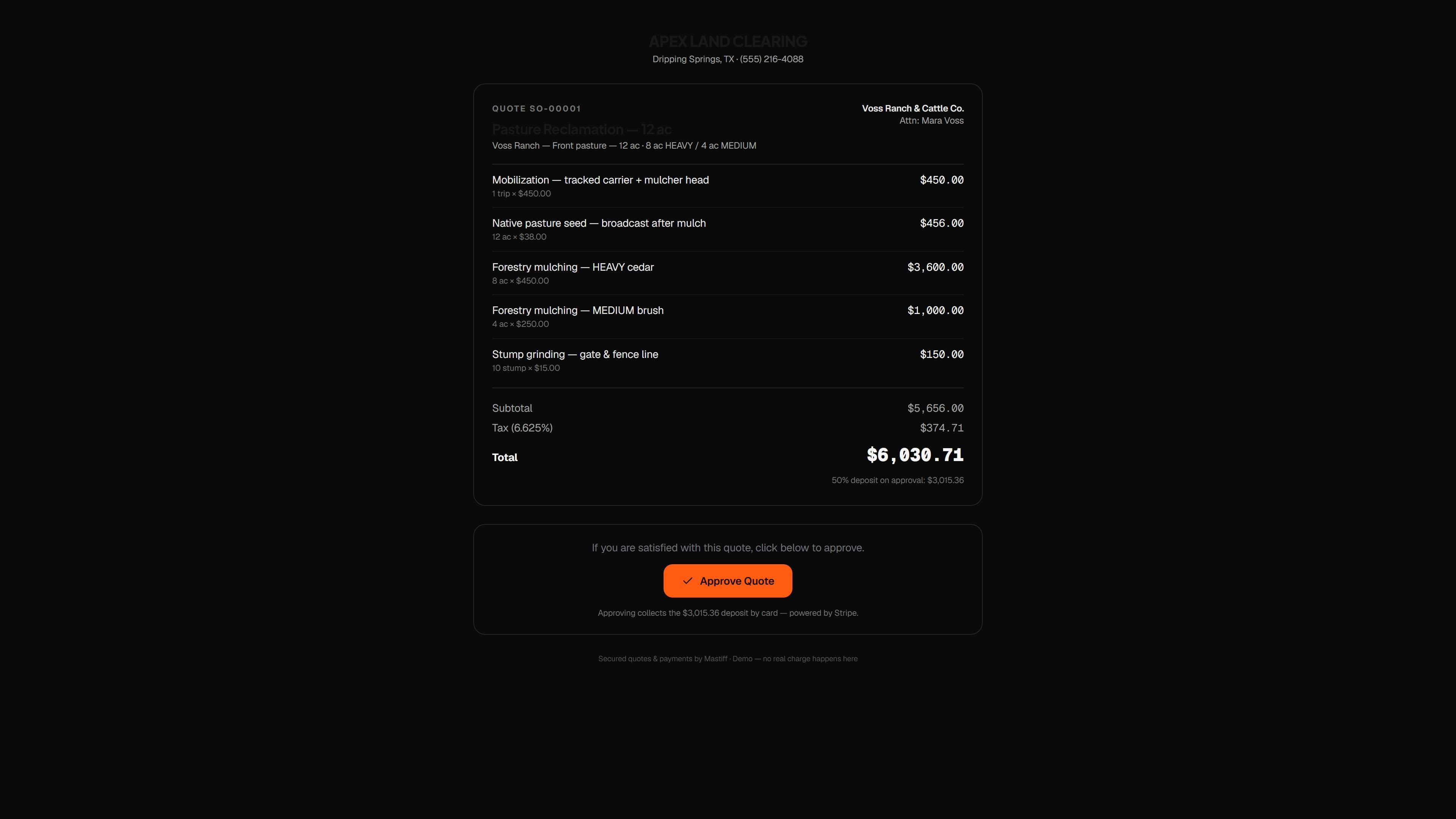 The quote the customer opens — the Mastiff web app