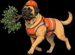 Dozer, the Mastiff mascot, trotting off with a cleared branch