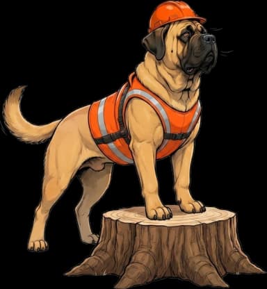 Dozer, the Mastiff mascot, standing lookout on a fresh stump