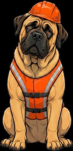 Dozer, the Mastiff mascot, sitting with his head tilted