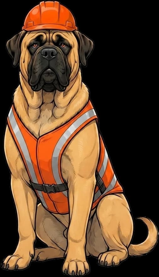 Dozer, the Mastiff mascot, sitting tall
